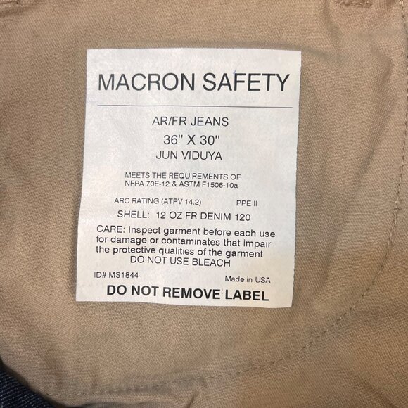 AR/FR Macron Safety 12 Oz Denim Jeans 36 X 30 OSHA COMP Flame Resistant Made USA - Picture 9 of 16
